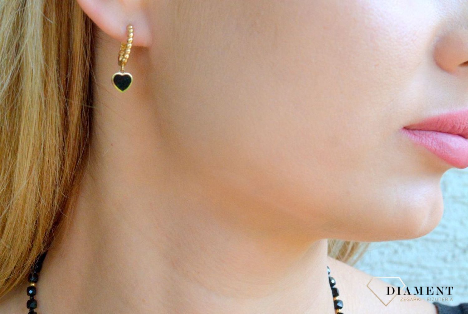 Złote kolczyki damskie 585 czarne serduszka KL 11858.jpg